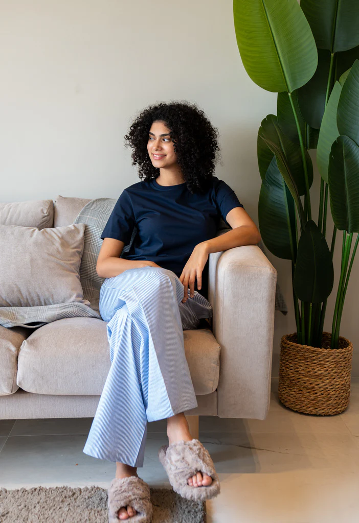 Women summer pajama set Dark Blue T-shirt + White X Blue Striped Pants