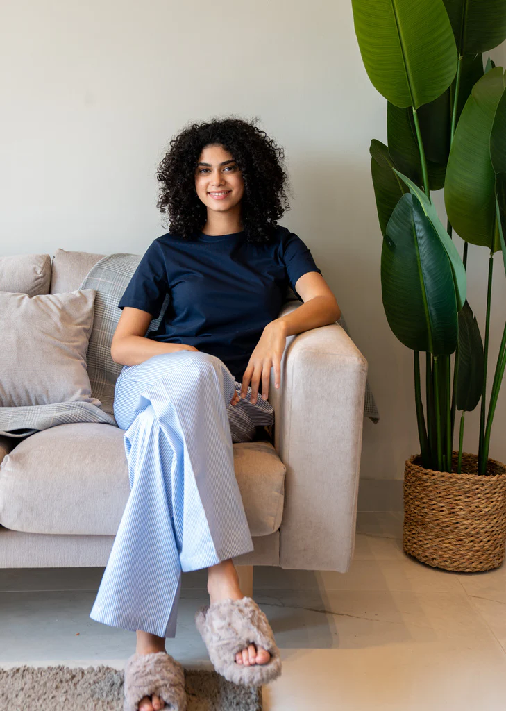 Women summer pajama set Dark Blue T-shirt + White X Blue Striped Pants - Image 3