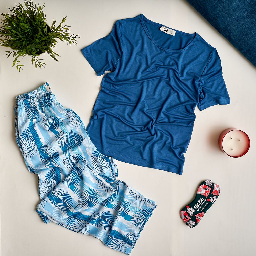 Women summer pajama set Dark blue top + Palm leaves pants