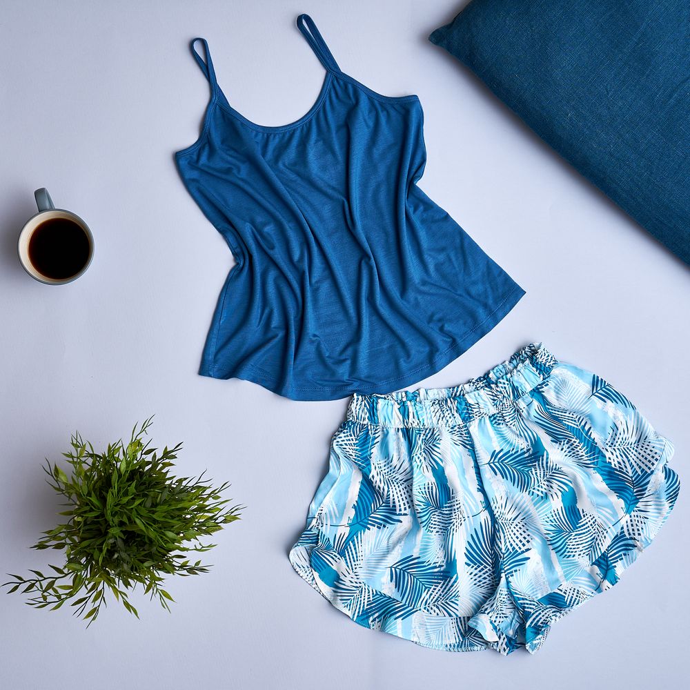 Women summer pajama set Dark blue top + Palm leaves ruffles shorts