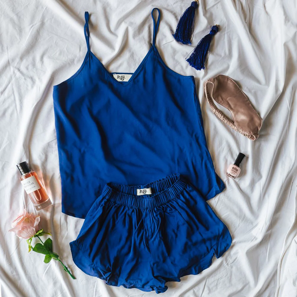 Women summer pajama set Dark blue top + shorts