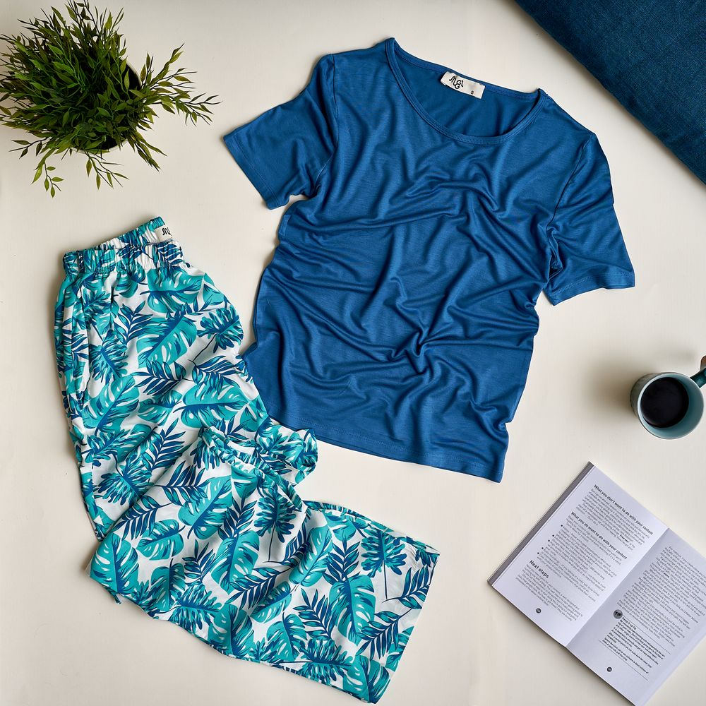 Women summer pajama set Dark blue top + Tropical leaves pants