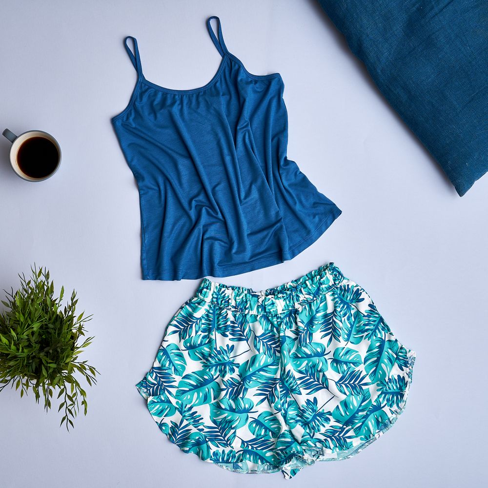 Women summer pajama set Dark blue top + Tropical leaves ruffles shorts