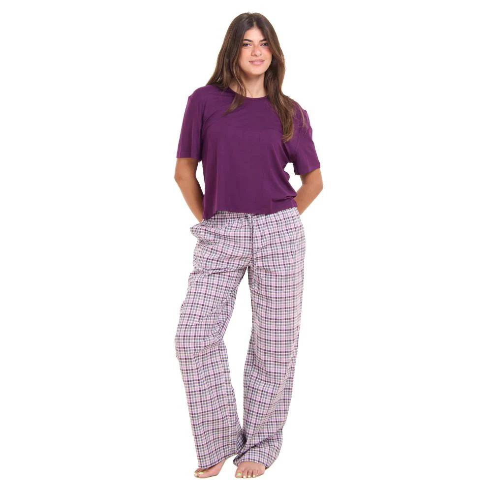 Women summer pajama set Dark Purple Cropped top + Purple x White checkered pants