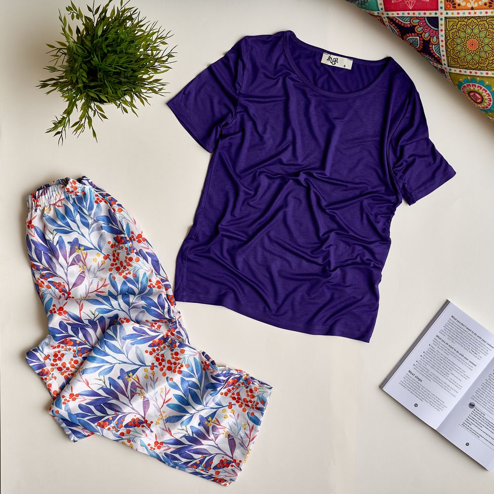 Women summer pajama set Dark purple top + Blue x orange Flower Pants