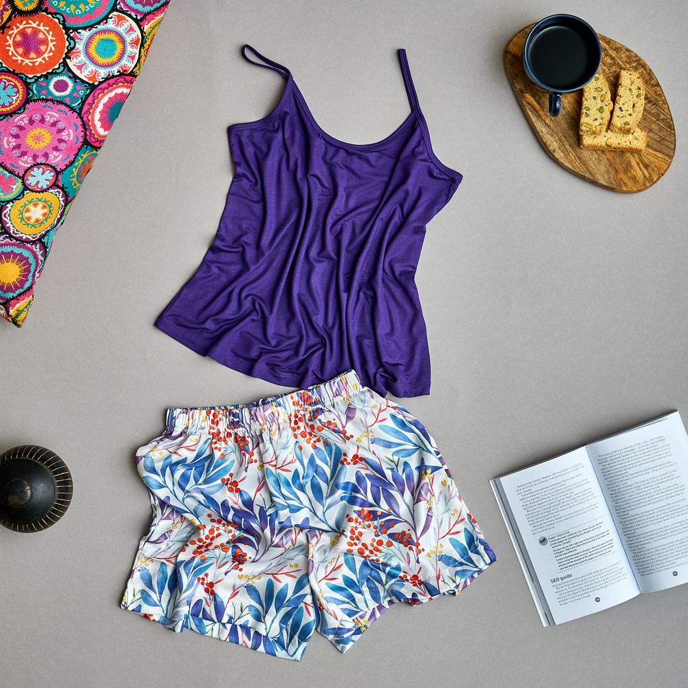 Women summer pajama set Purple top + Blue x orange Flower shorts
