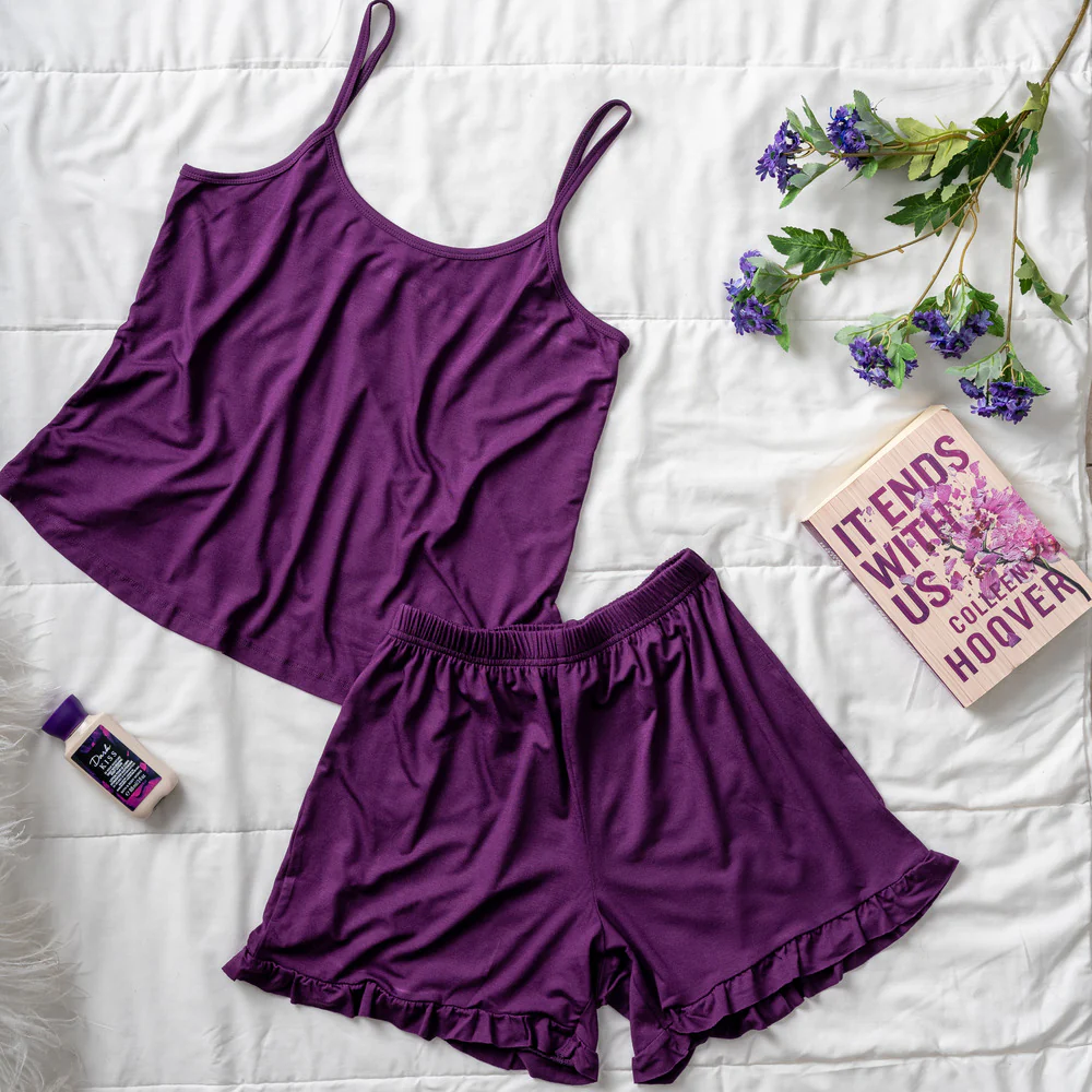 Women summer pajama set Dark Purple top + Dark Purple ruffles shorts