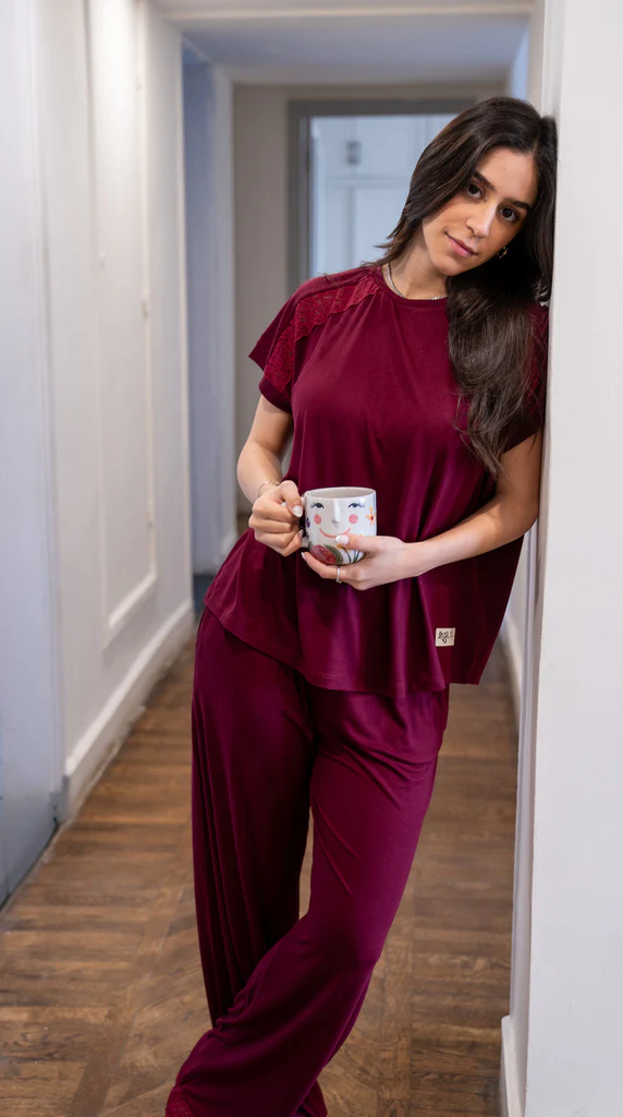 Women summer pajama set Dark Red Lace shirt + Pants
