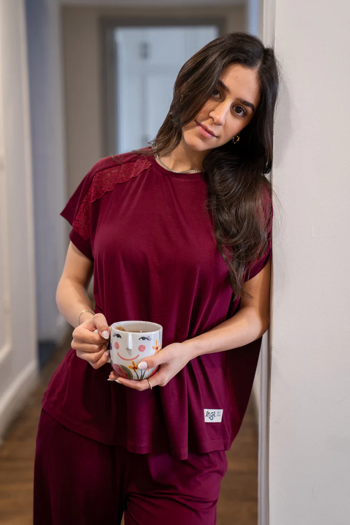 Women summer pajama set Dark Red Lace shirt + Pants - Image 3