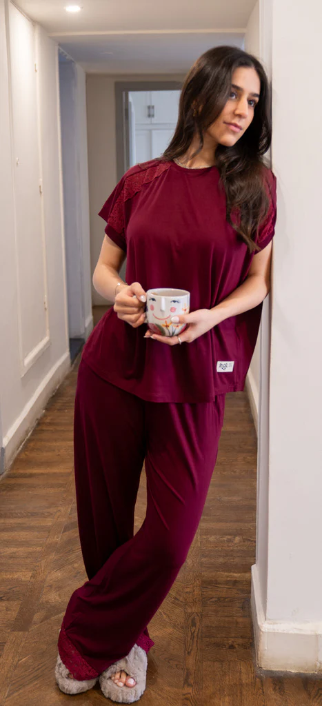 Women summer pajama set Dark Red Lace shirt + Pants - Image 4