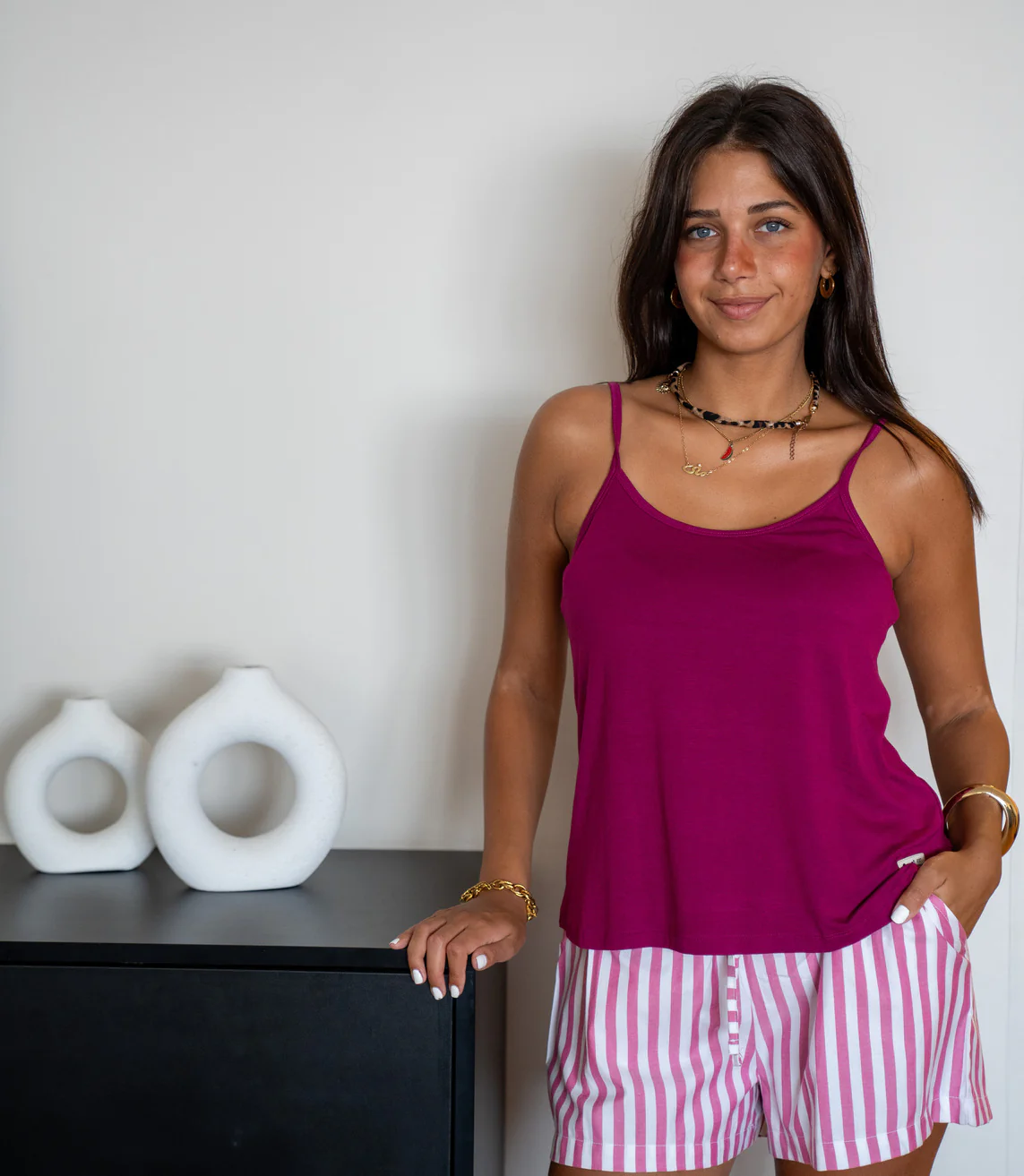 Women summer pajama set Fuchsia Top + Spaced Fuchsia Stripes shorts