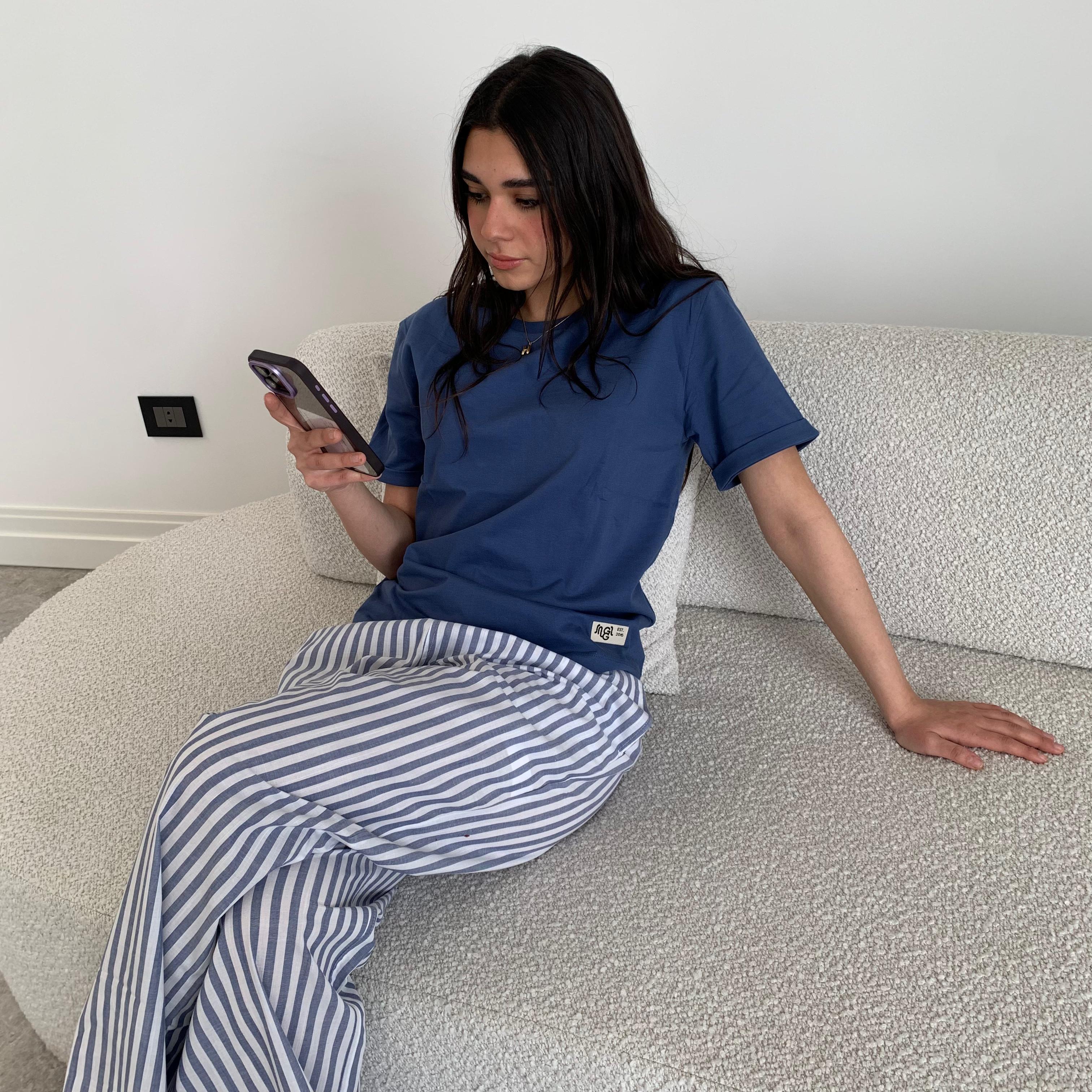 Women summer pajama set Indigo T-shirt + Indigo X White Striped Pants