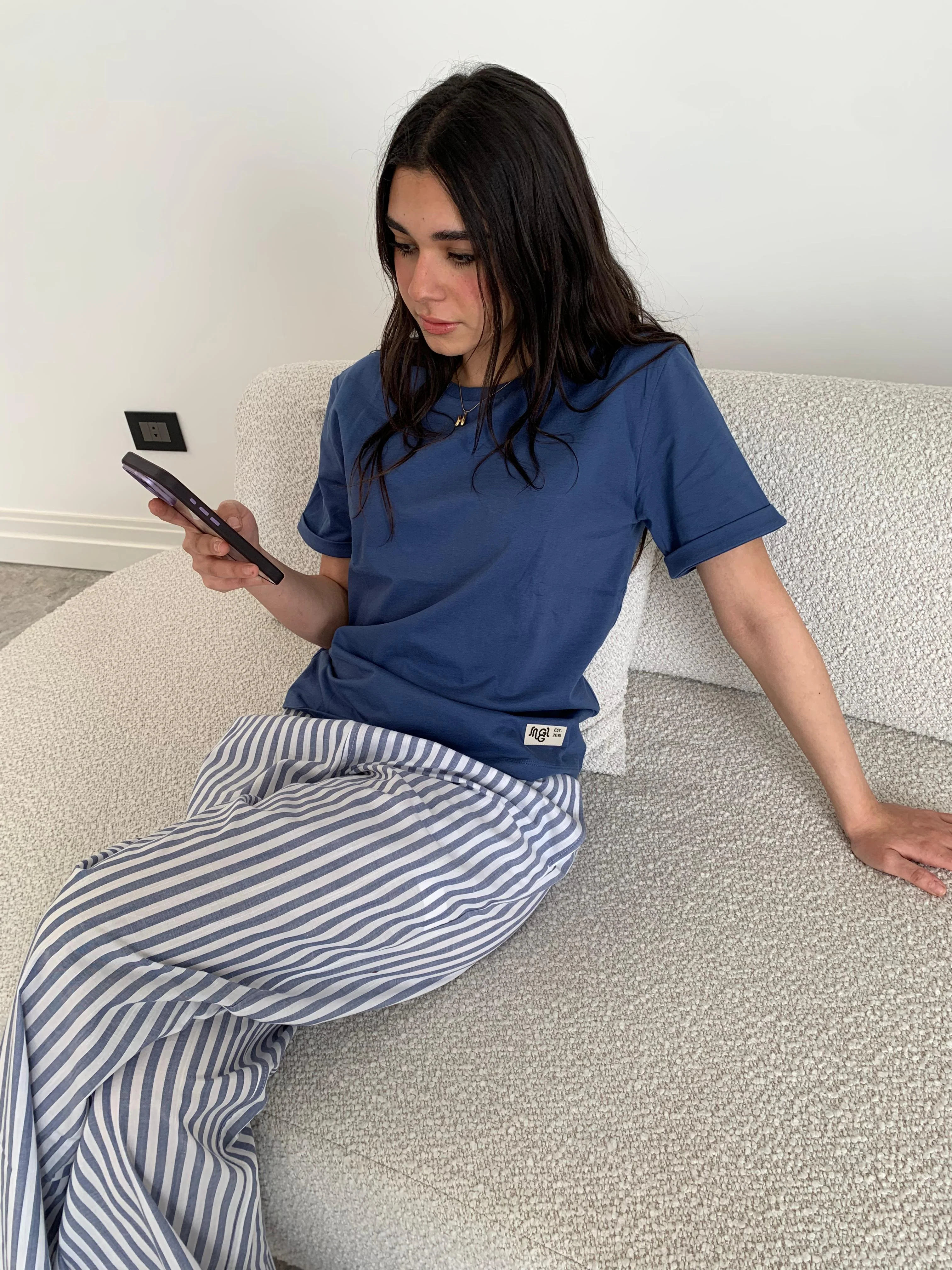 Women summer pajama set Indigo T-shirt + Indigo X White Striped Pants - Image 3