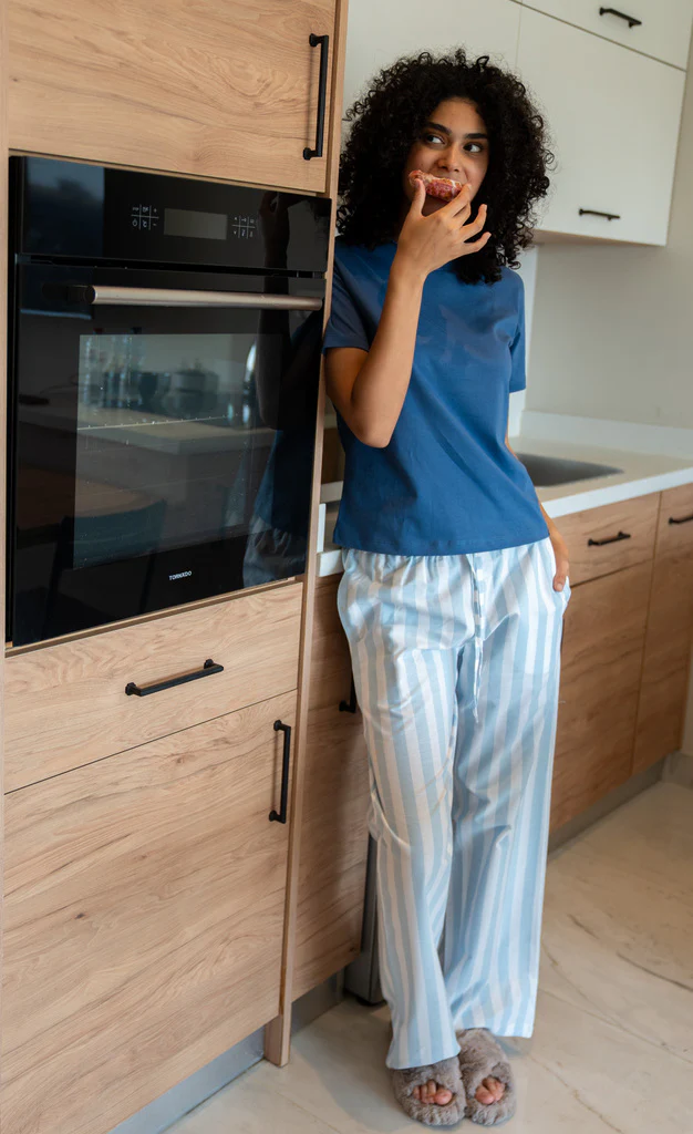 Women summer pajama set Indigo T-shirt + White X Light Blue Striped Pants