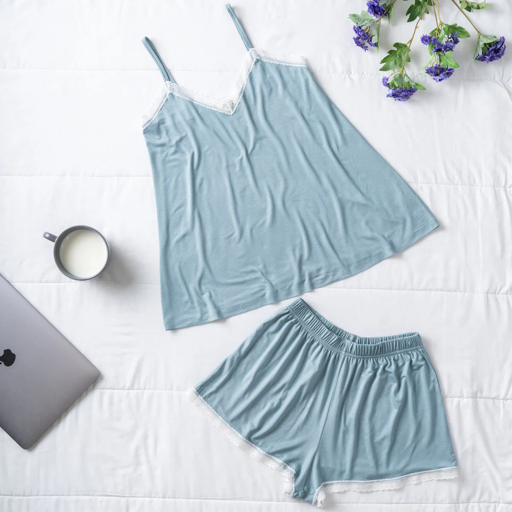 Women summer pajama set lace Light blue top + shorts