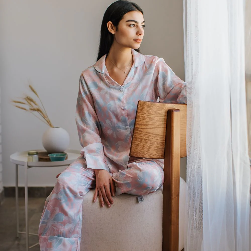 Women Satin summer pajama set Rose flowered buttoned shirt + Pants