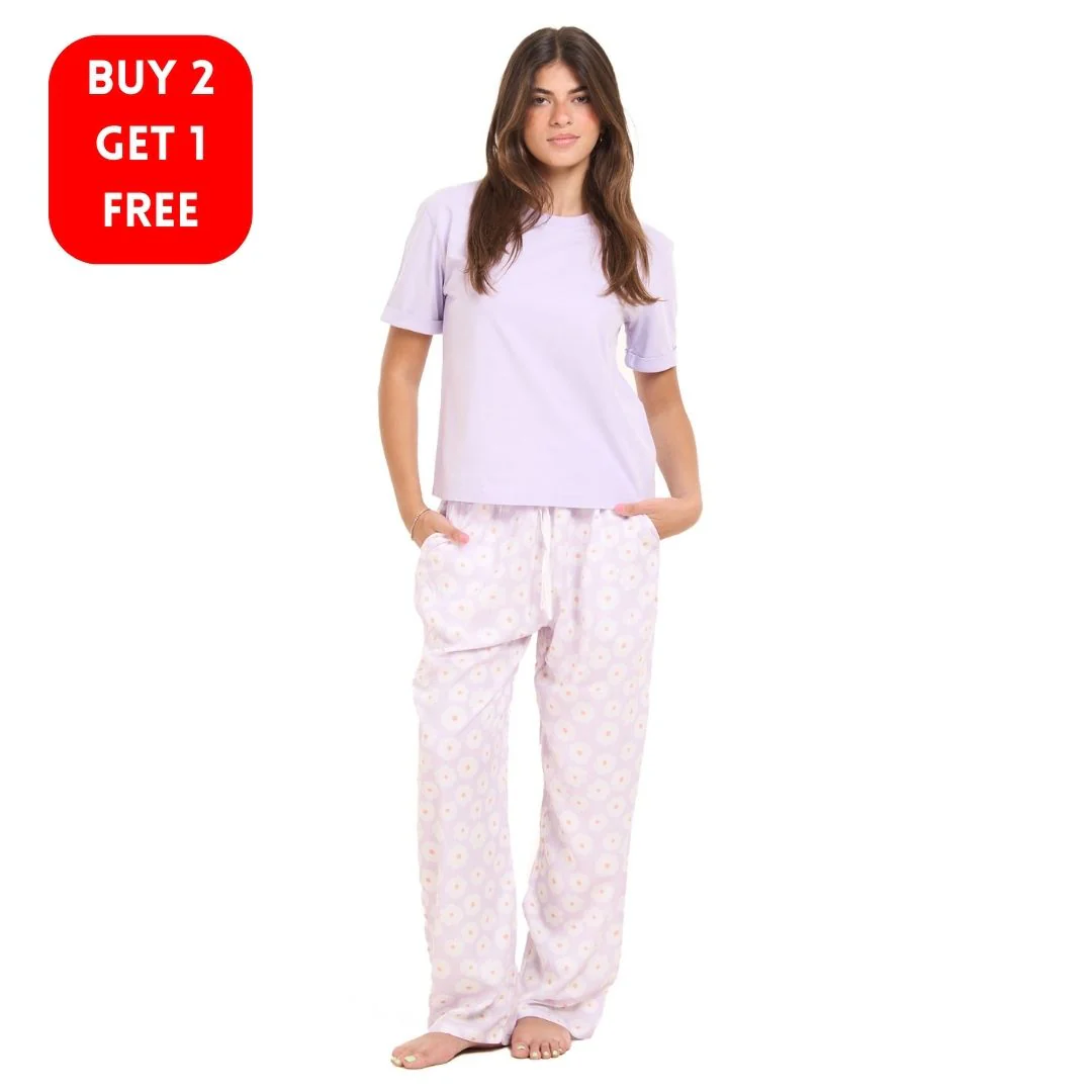 Women summer pajama set Lilac Tee + Lilac Floral Pants