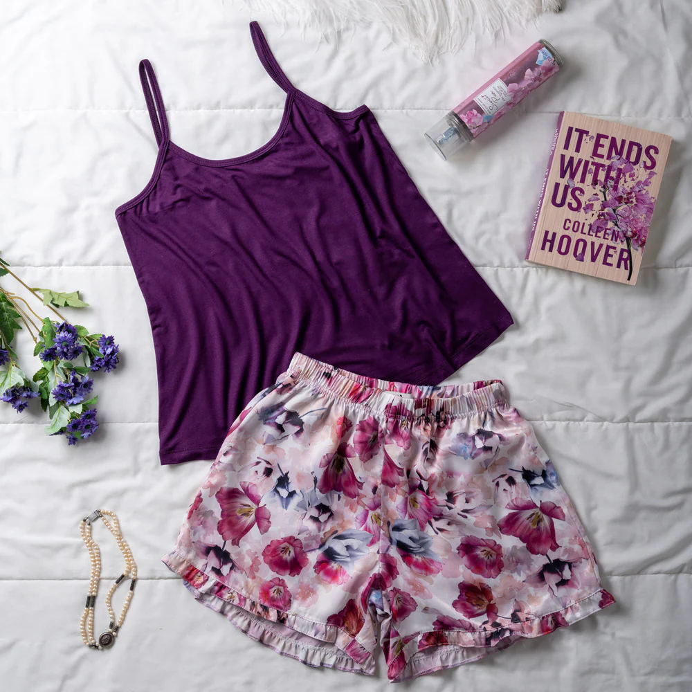 Women summer pajama set Purple top + Pink Floral Pattern shorts