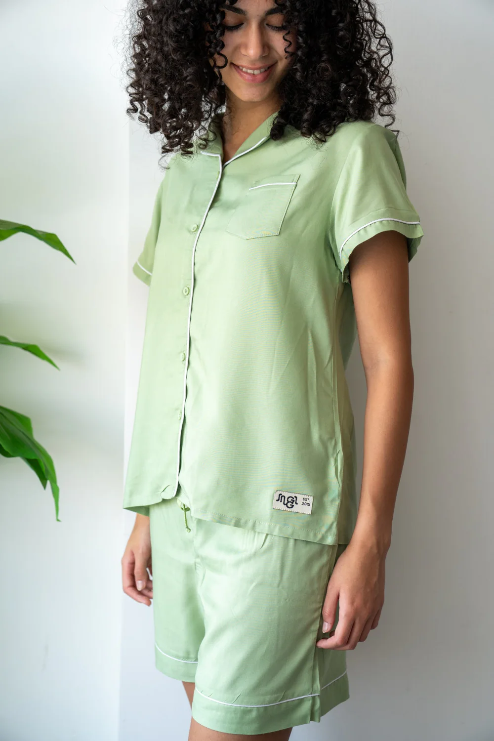 Women Summer Pajama Set Mint Buttoned Shirt + Shorts - Image 2