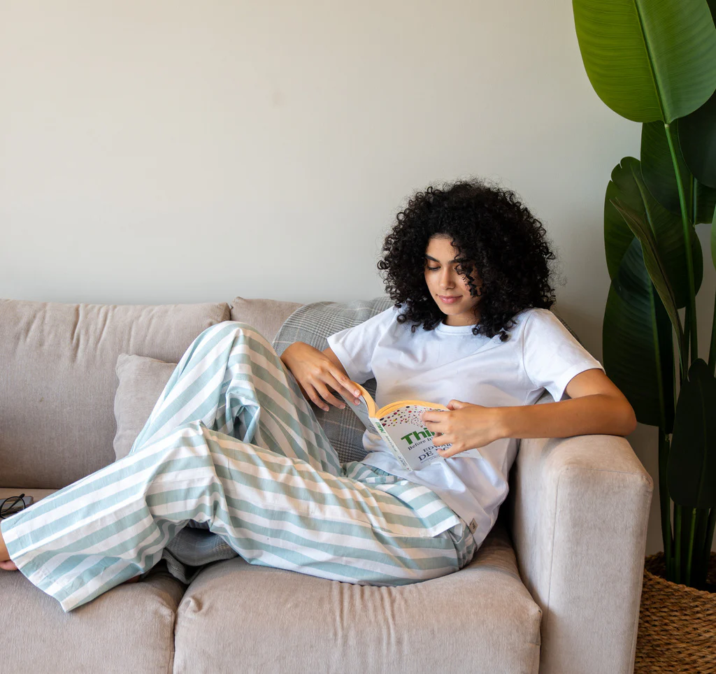 Women summer pajama set White T-shirt + White X Mint Striped Pants