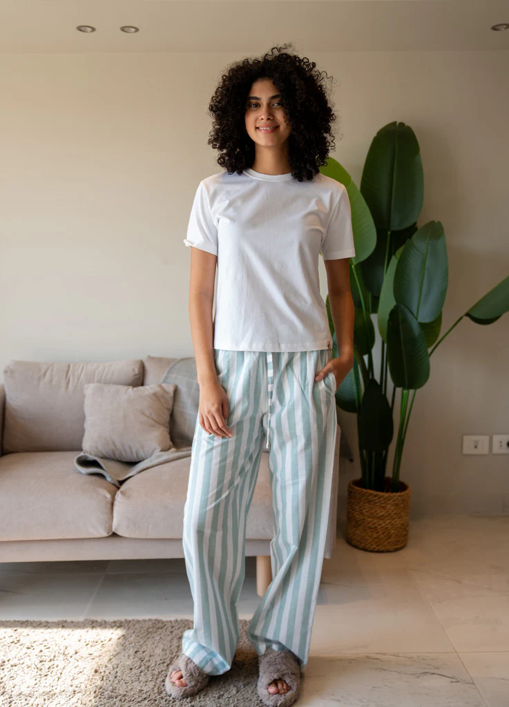 Women summer pajama set White T-shirt + White X Mint Striped Pants - Image 3