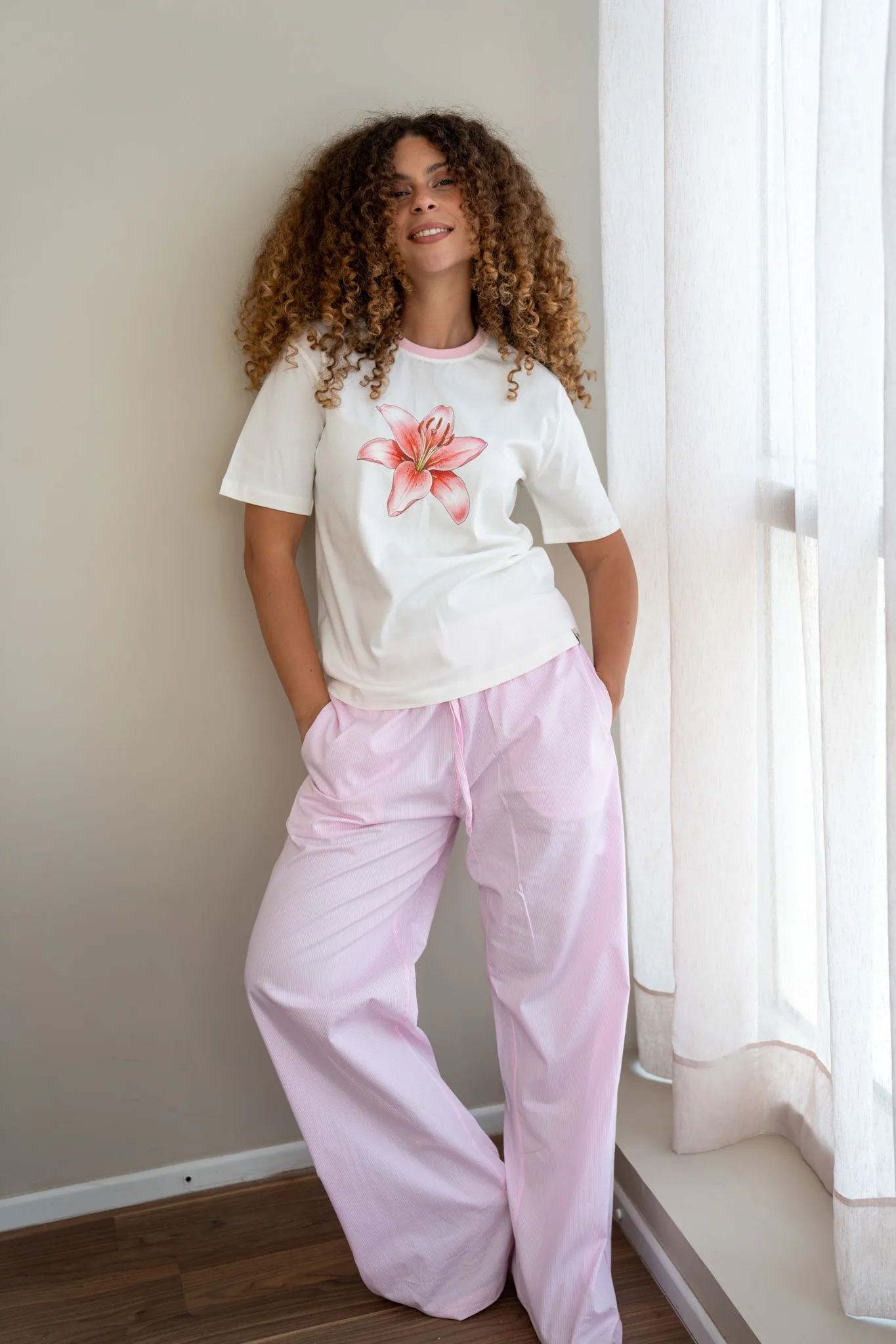 Women summer pajama set Off White Flower + Stripes Pink Pants