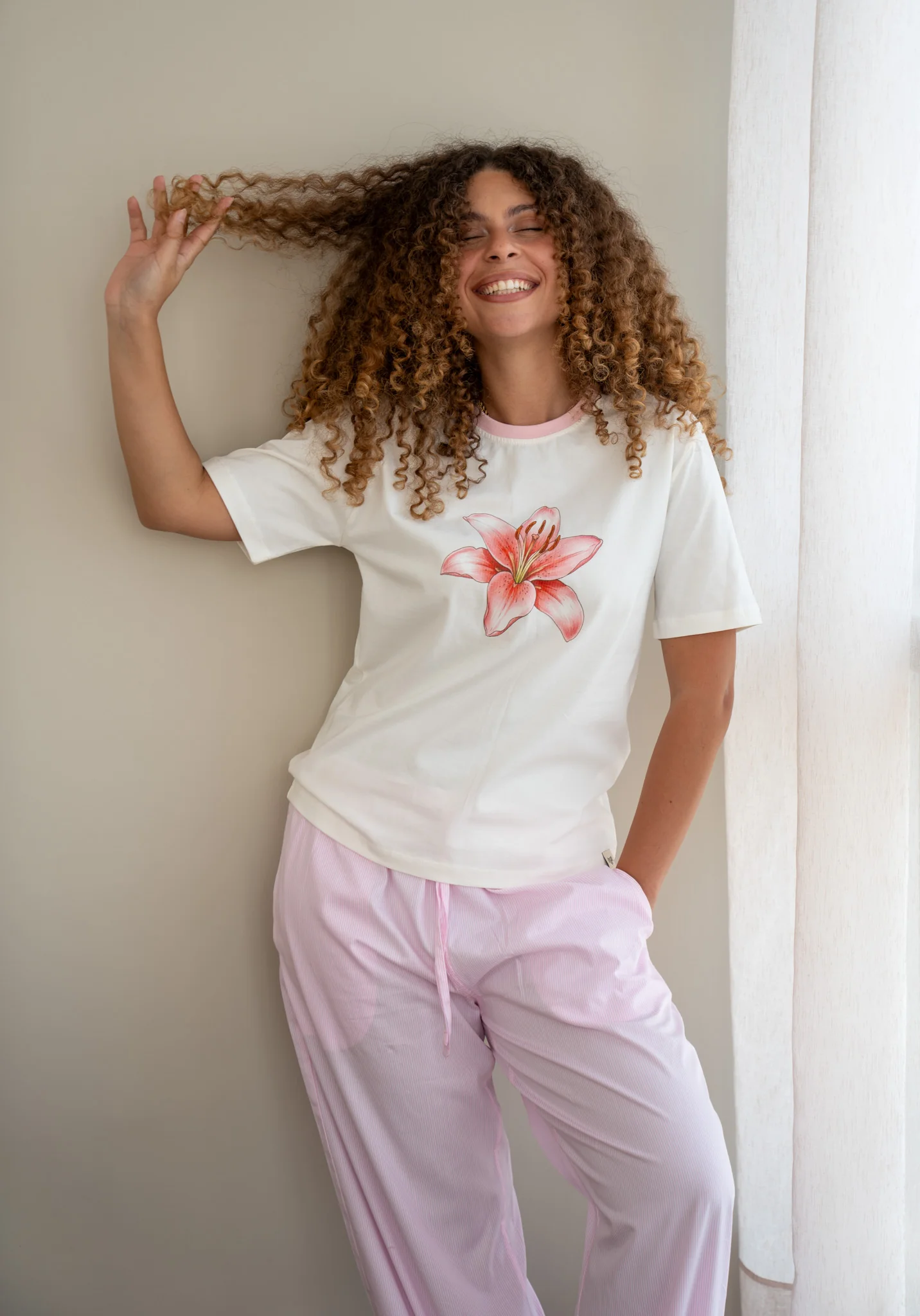 Women summer pajama set Off White Flower + Stripes Pink Pants - Image 2