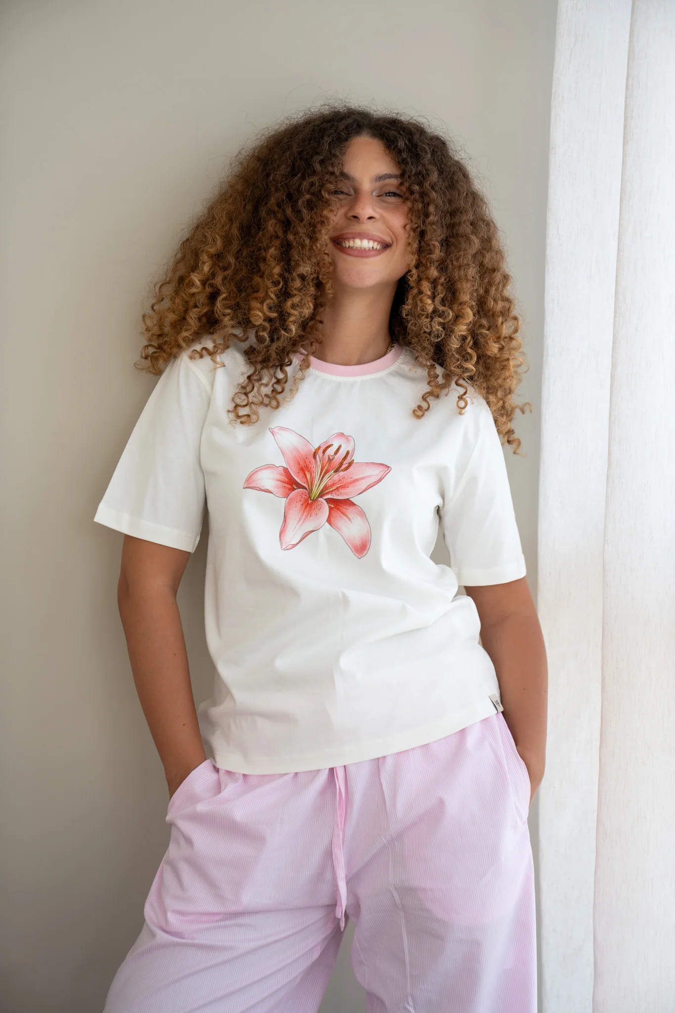Women summer pajama set Off White Flower + Stripes Pink Pants - Image 3