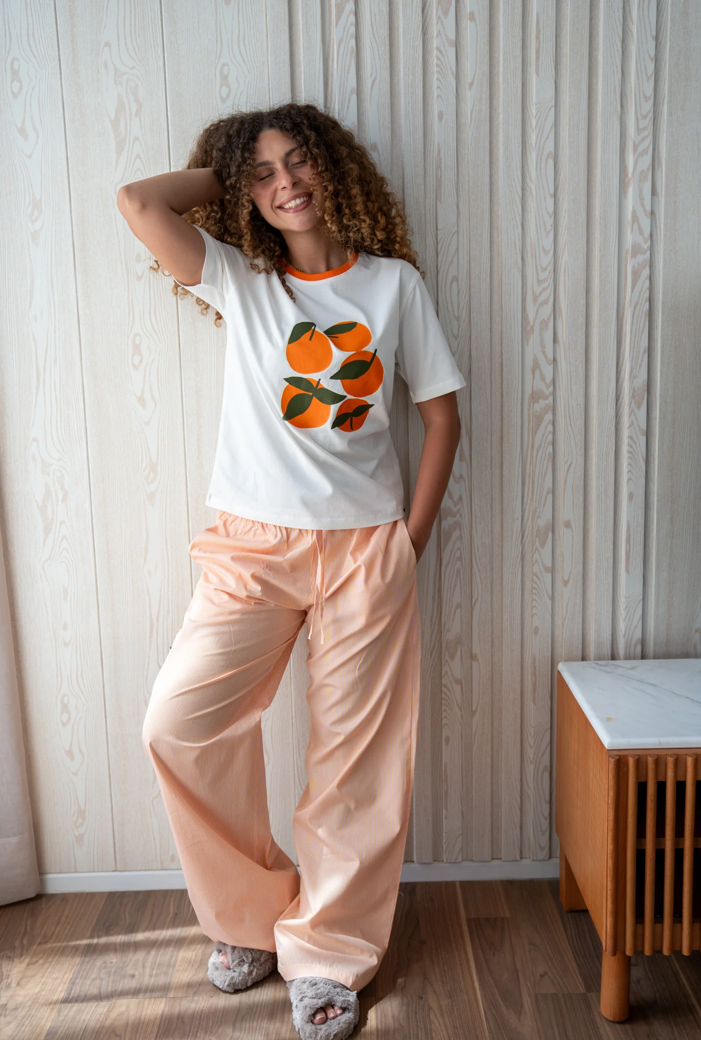 Women summer pajama set Off White Orange  + Orange Stripes Pants