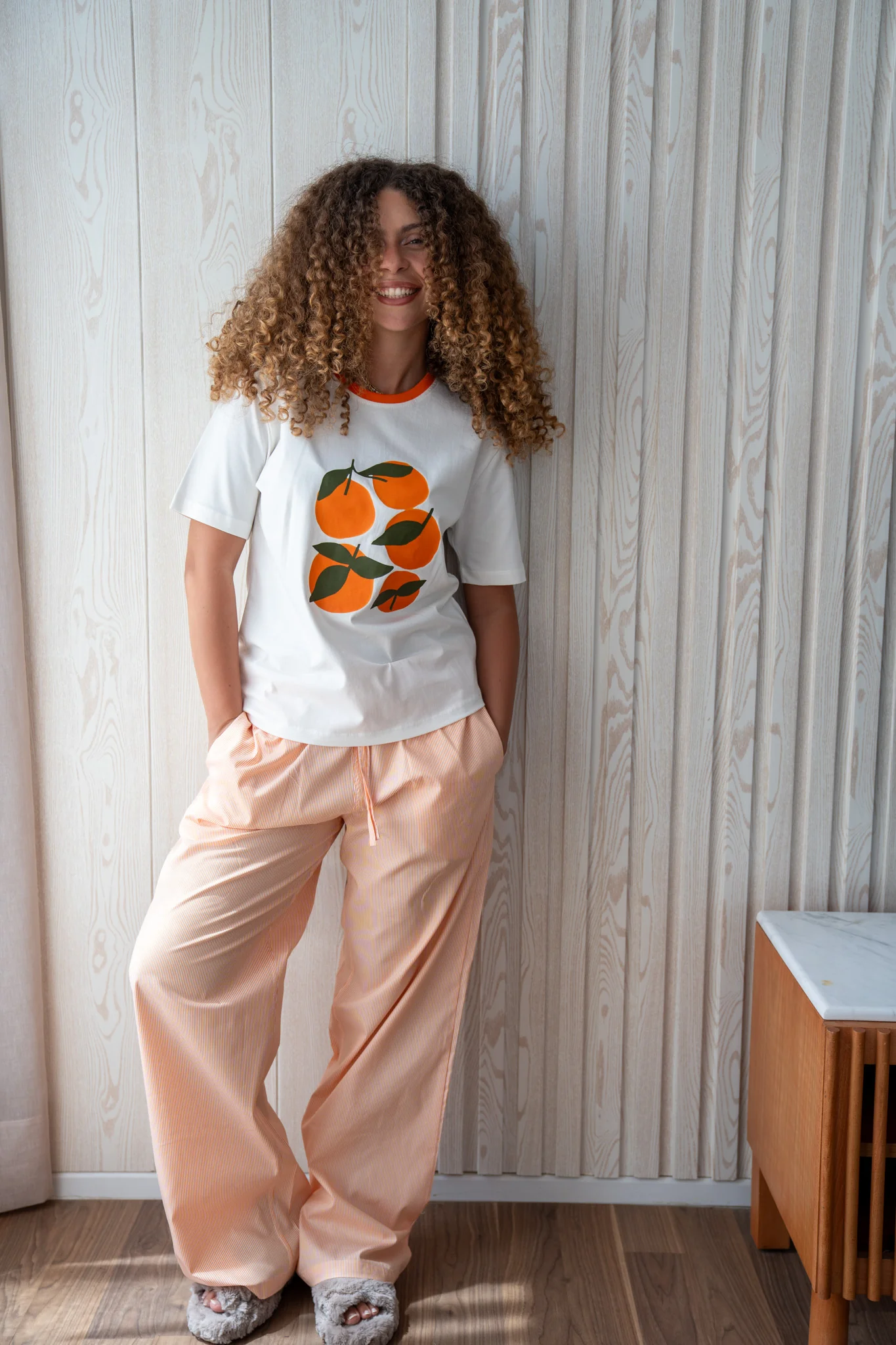Women summer pajama set Off White Orange  + Orange Stripes Pants - Image 3