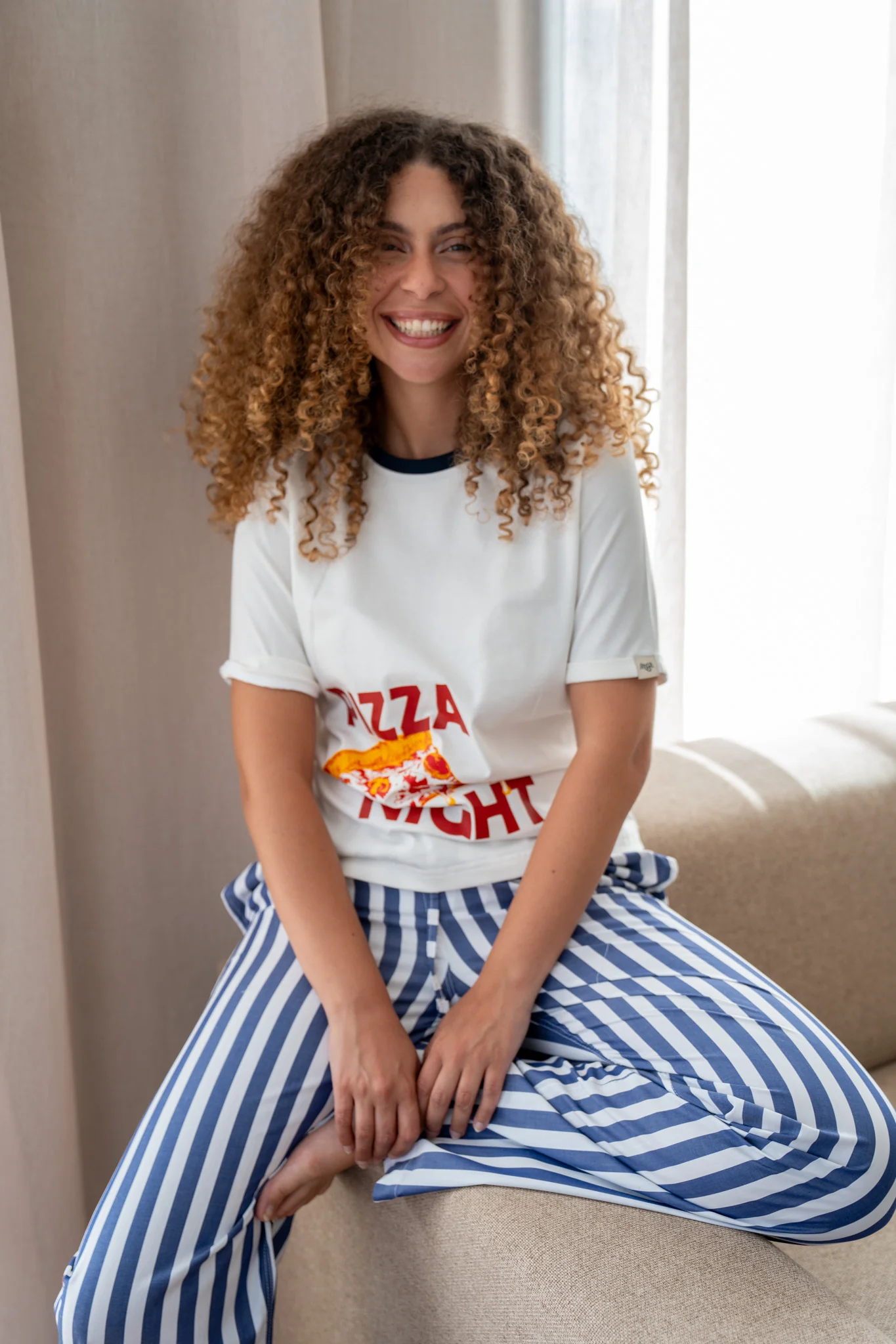 Women summer pajama set Pizza T-shirt + Dark Blue Stripes pants