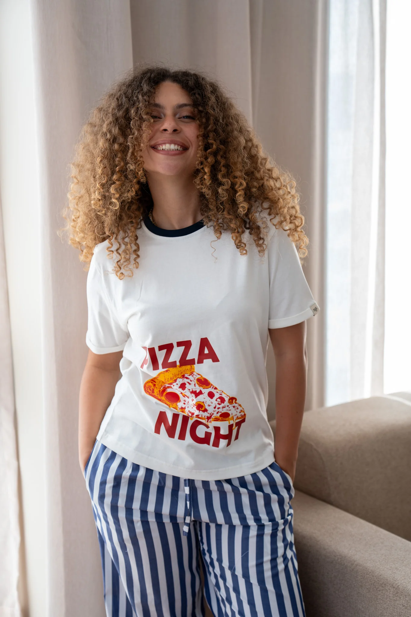 Women summer pajama set Pizza T-shirt + Dark Blue Stripes pants - Image 2