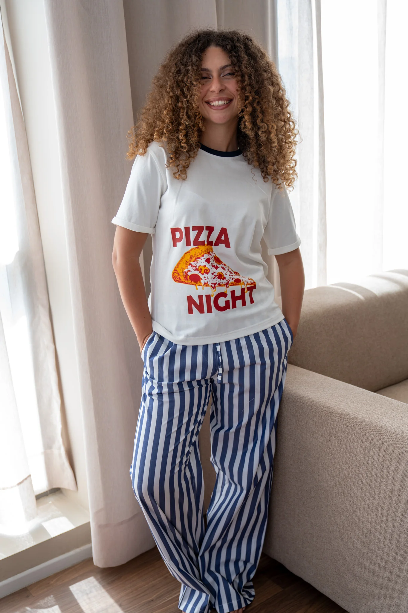 Women summer pajama set Pizza T-shirt + Dark Blue Stripes pants - Image 3