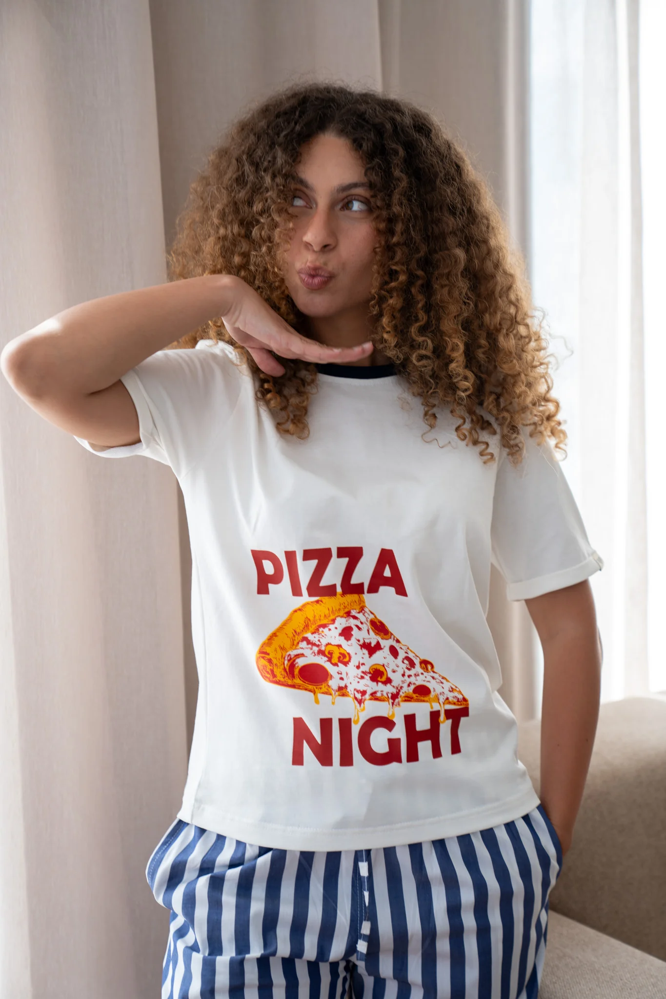 Women summer pajama set Pizza T-shirt + Dark Blue Stripes pants - Image 4
