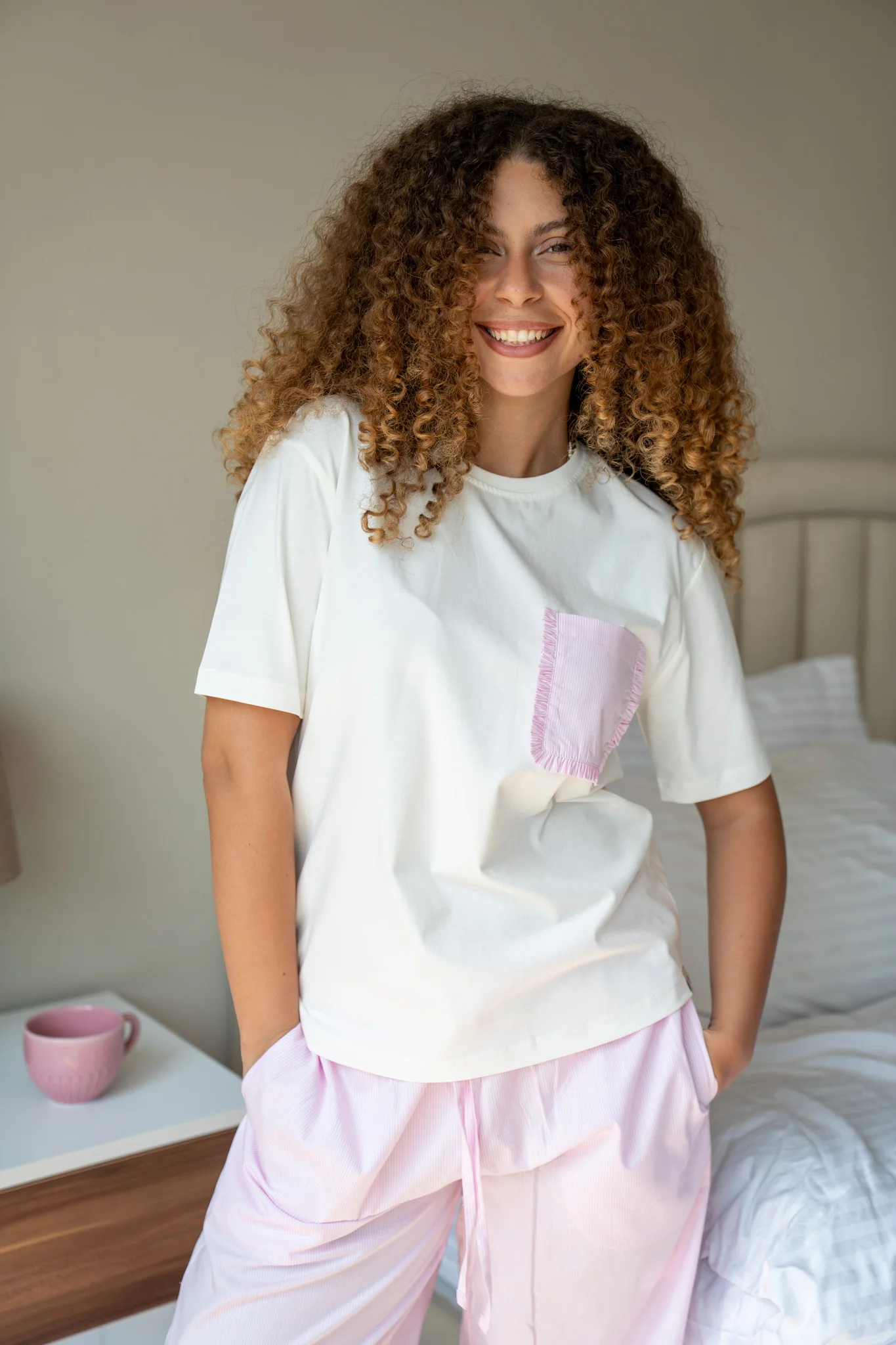 Women summer pajama set Off White shirt + Pink Stripes Pants
