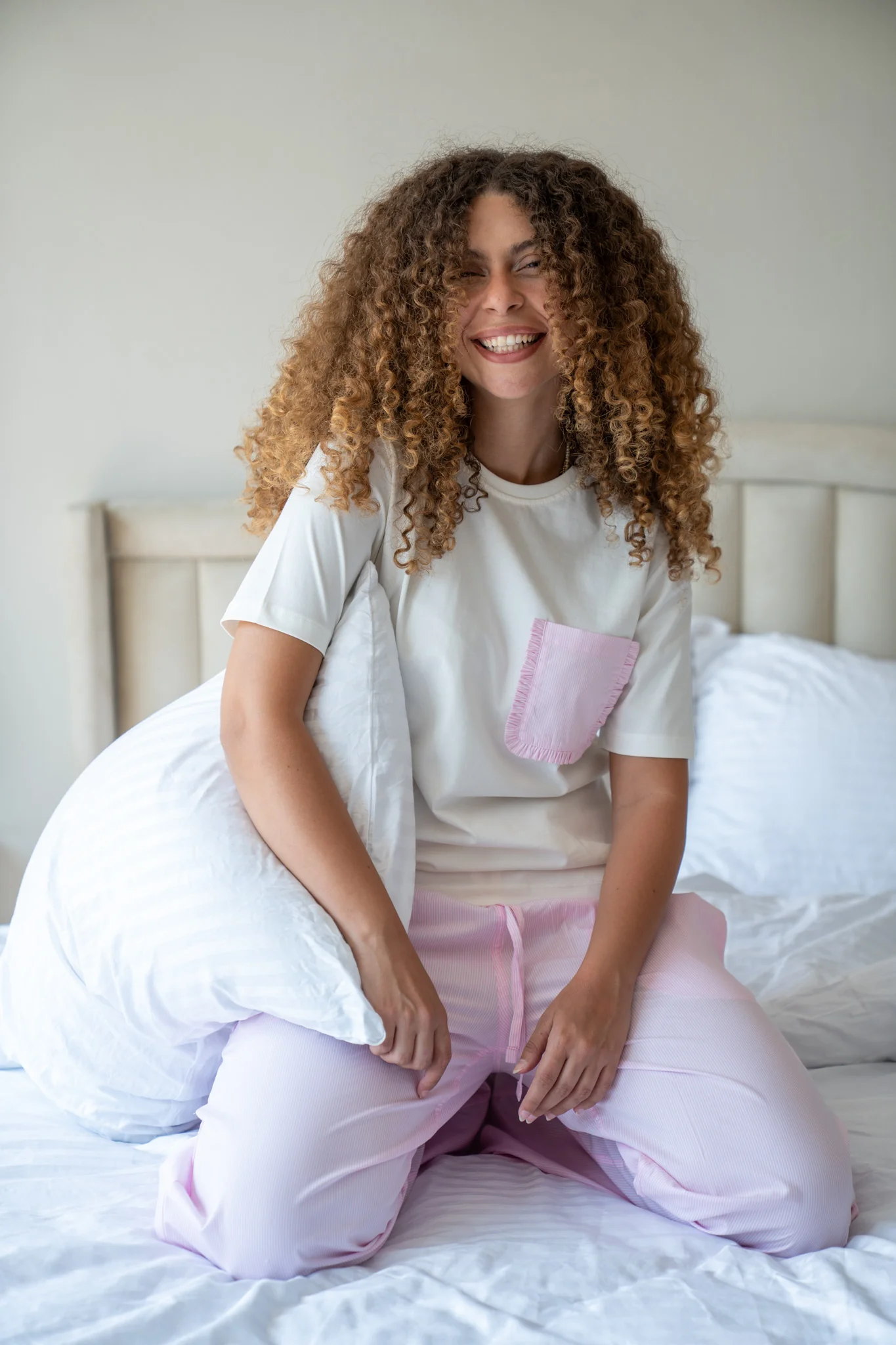 Women summer pajama set Off White shirt + Pink Stripes Pants - Image 3