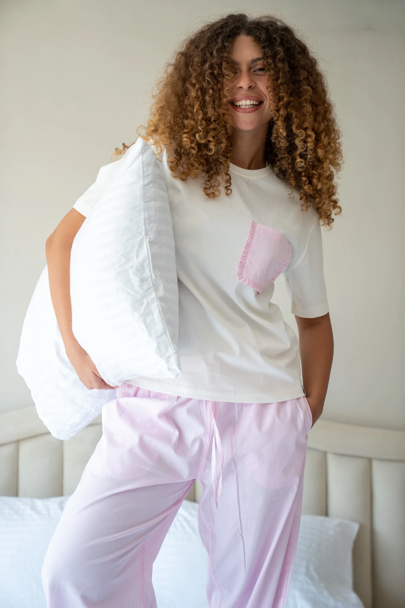 Women summer pajama set Off White shirt + Pink Stripes Pants - Image 4