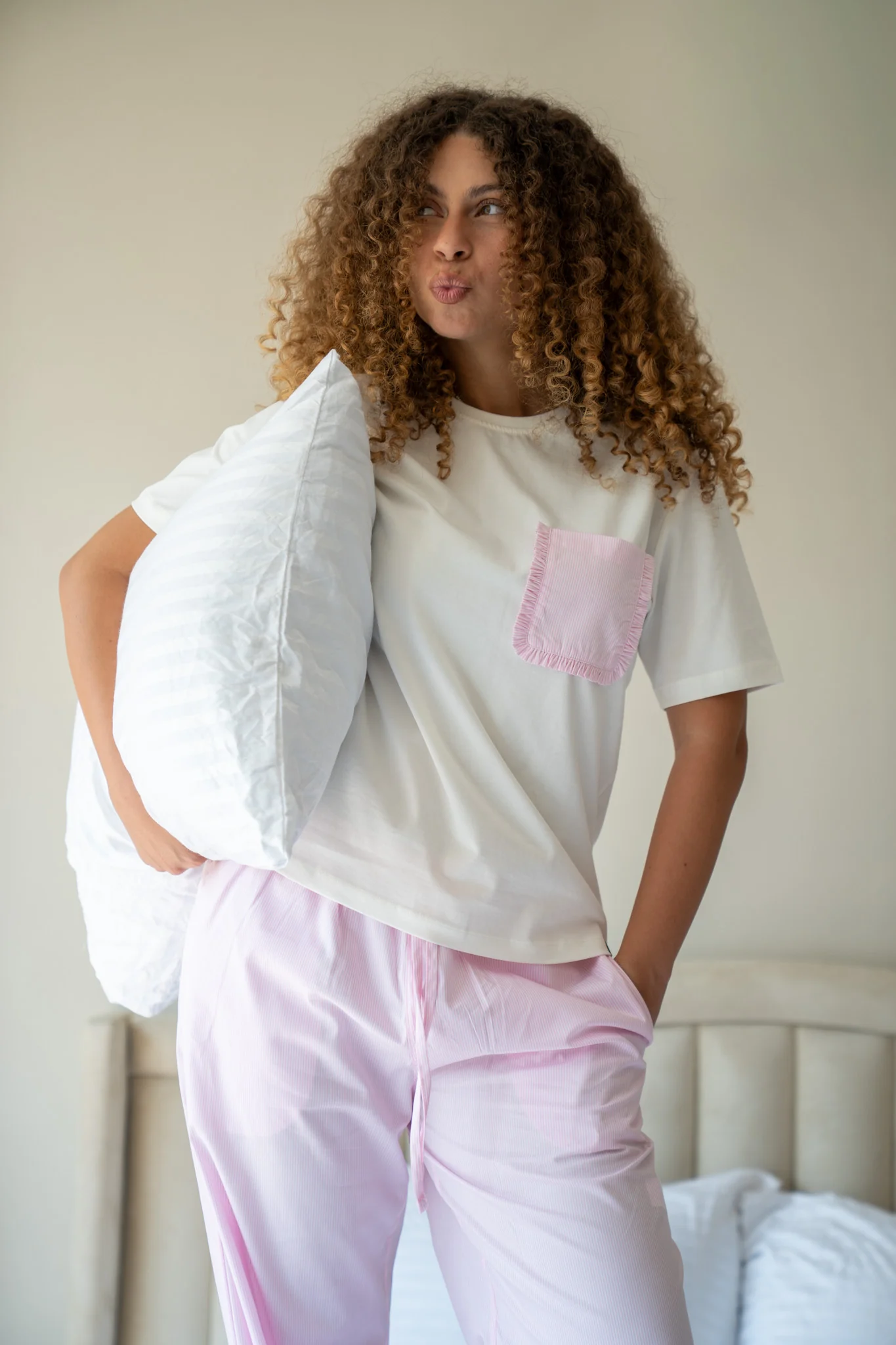 Women summer pajama set Off White shirt + Pink Stripes Pants - Image 5