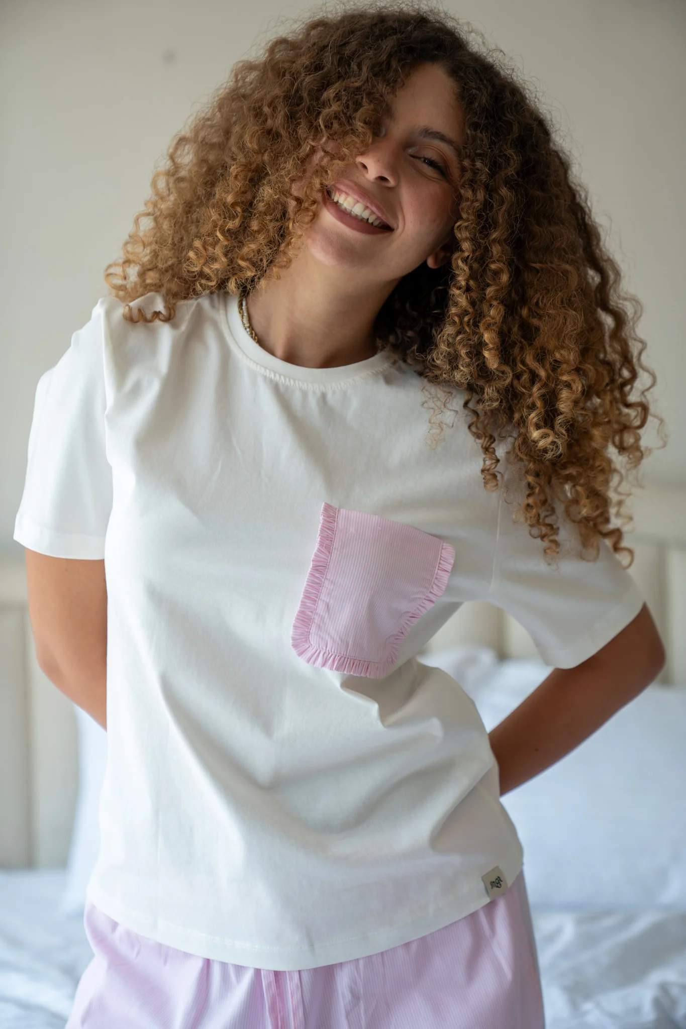 Women summer pajama set Off White shirt + Pink Stripes Pants - Image 6