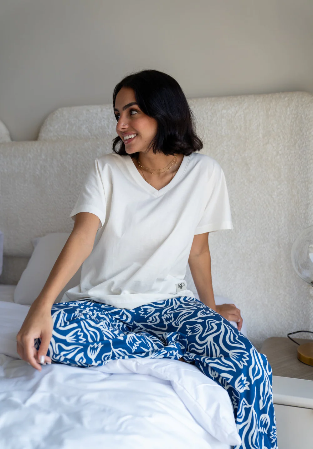 Women summer pajama set Off White T-shirt + Dark Blue Flowers Pants