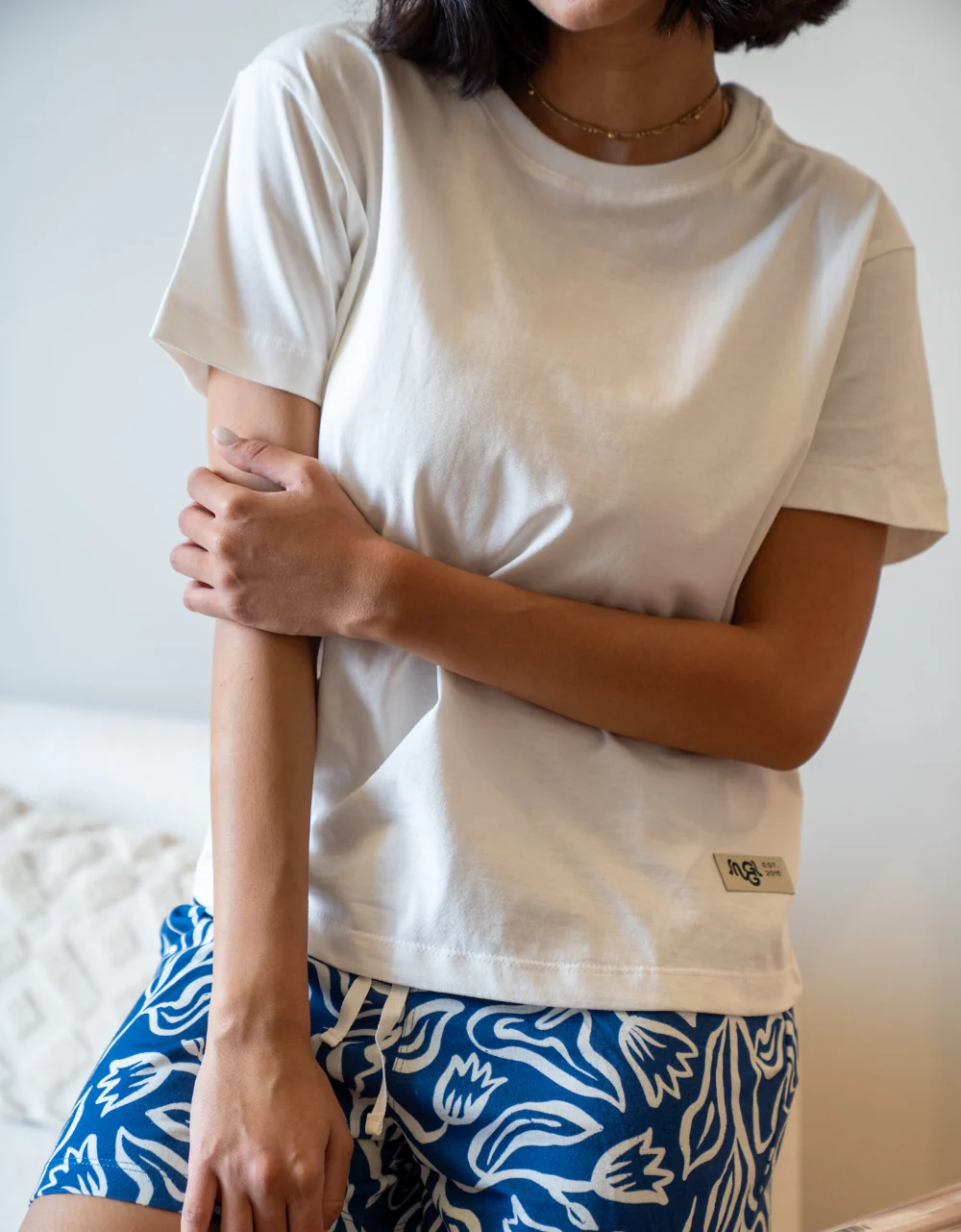 Women Summer Pajama set Off White T-shirt + Dark Blue Flowers Shorts - Image 2