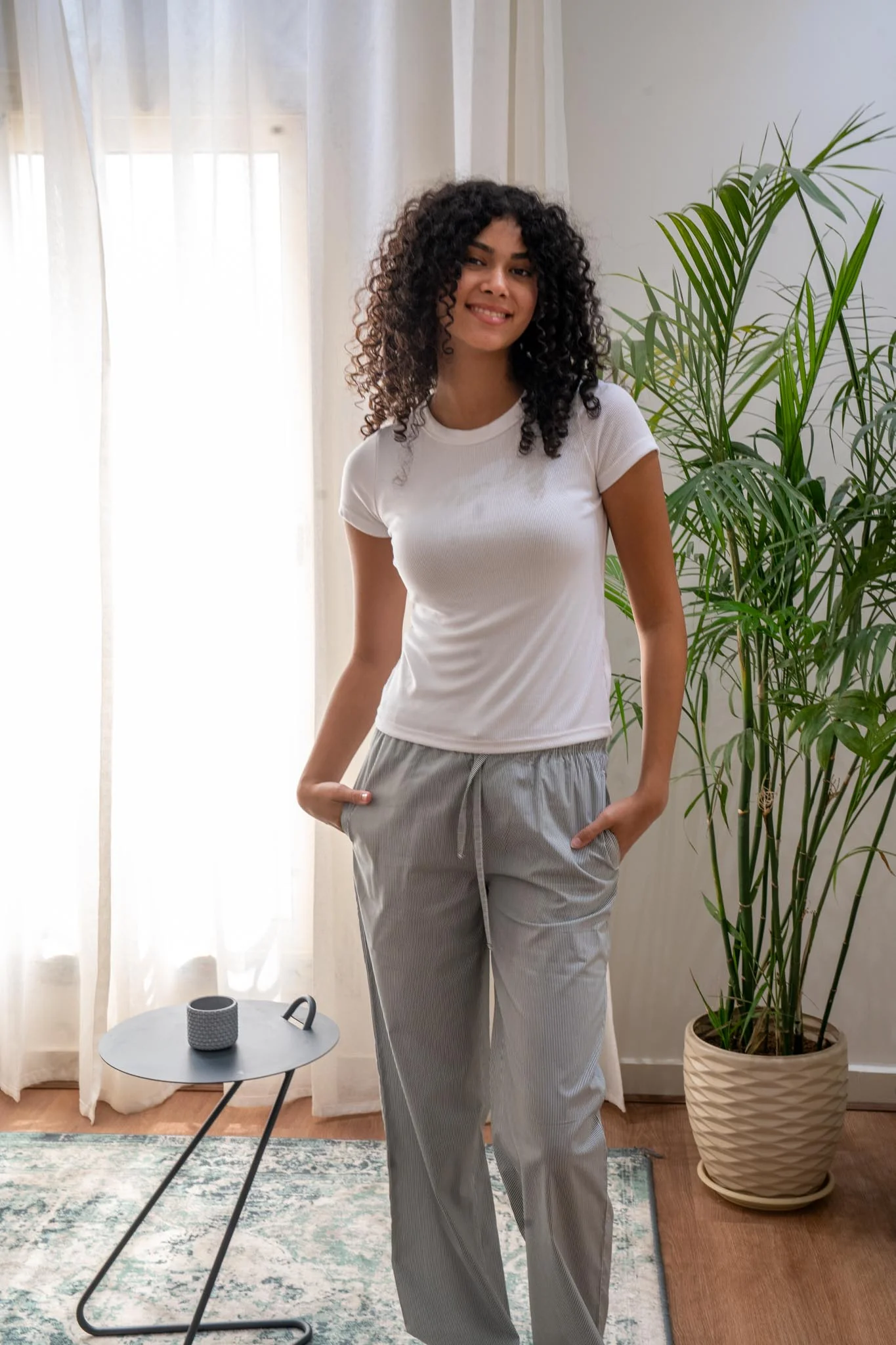 Women summer pajama set Off White T-shirt + Green X White Stripes Pants