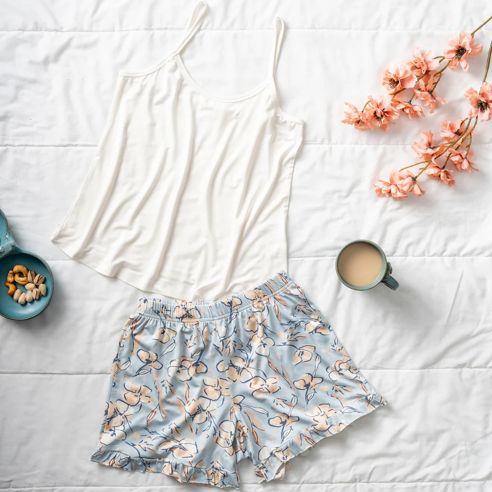 Women summer pajama set Off White top +Baby Blue Floral ruffles shorts