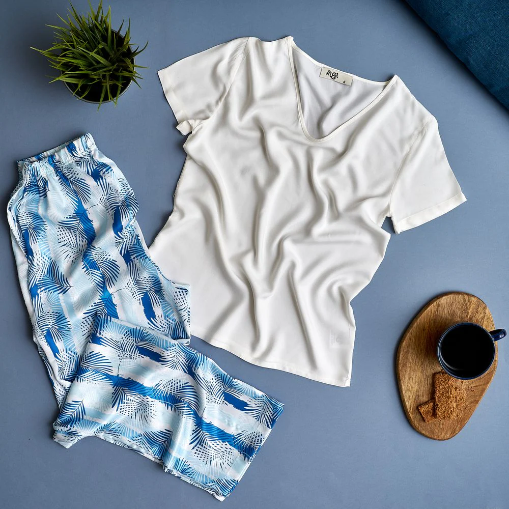 Women summer pajama set Off-white top + Blue Palm leaves Pants