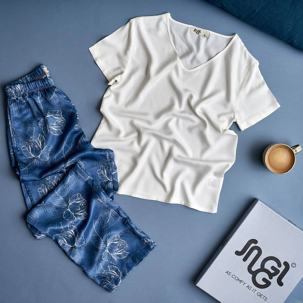 Women summer pajama set Off-white top + Petrol Blue flowered Pants