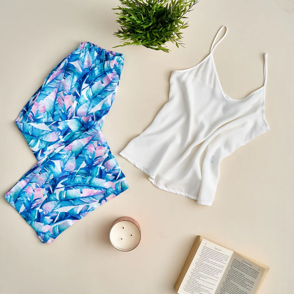 Women summer pajama set Off white top + white x blue leaves pants