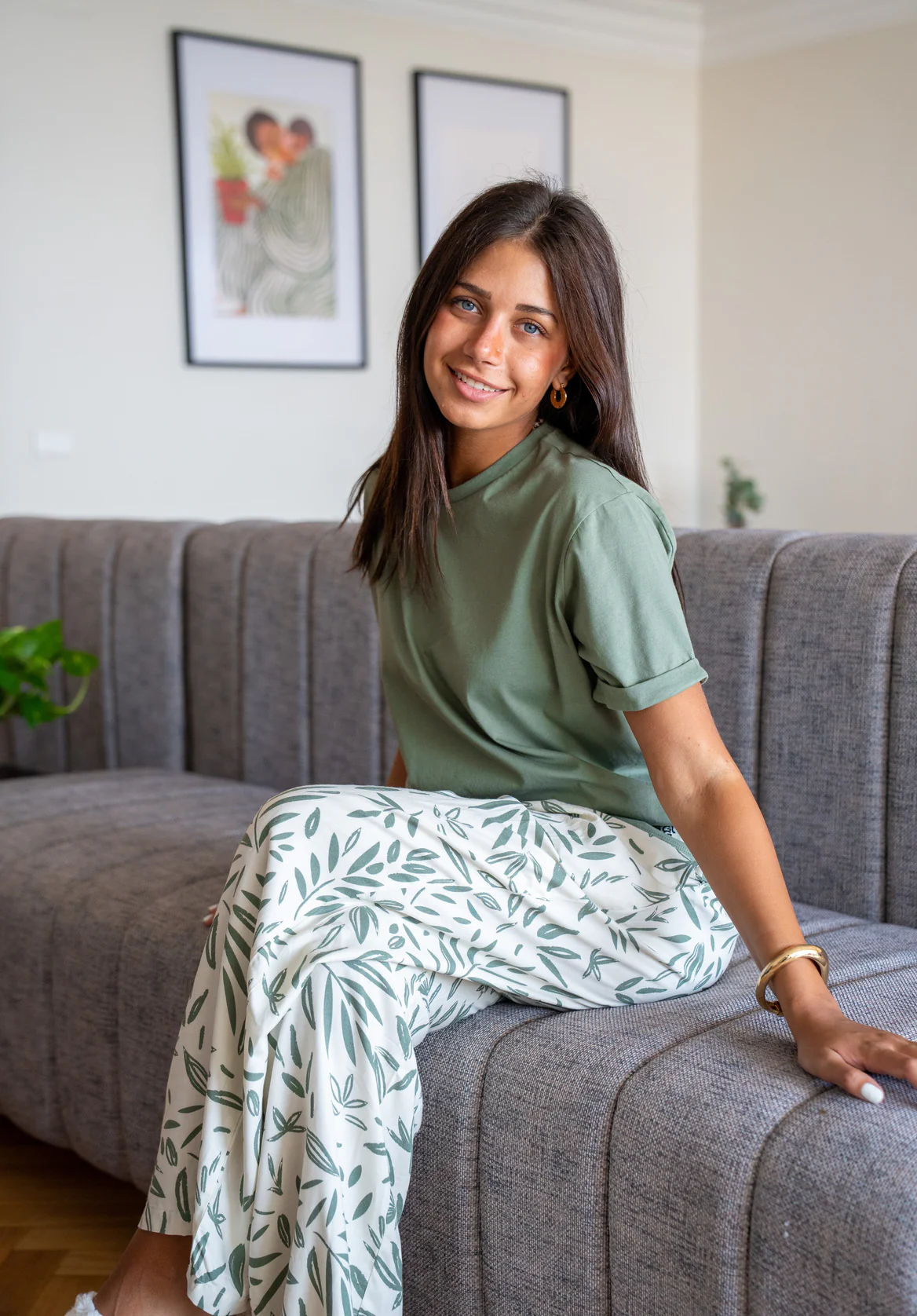 Women summer pajama set Olive Tee + Green Leaves Pants