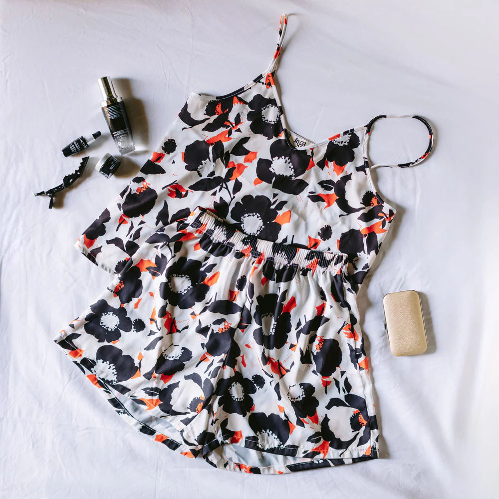 Women summer pajama set Orange x Black Floral Pattern top + shorts