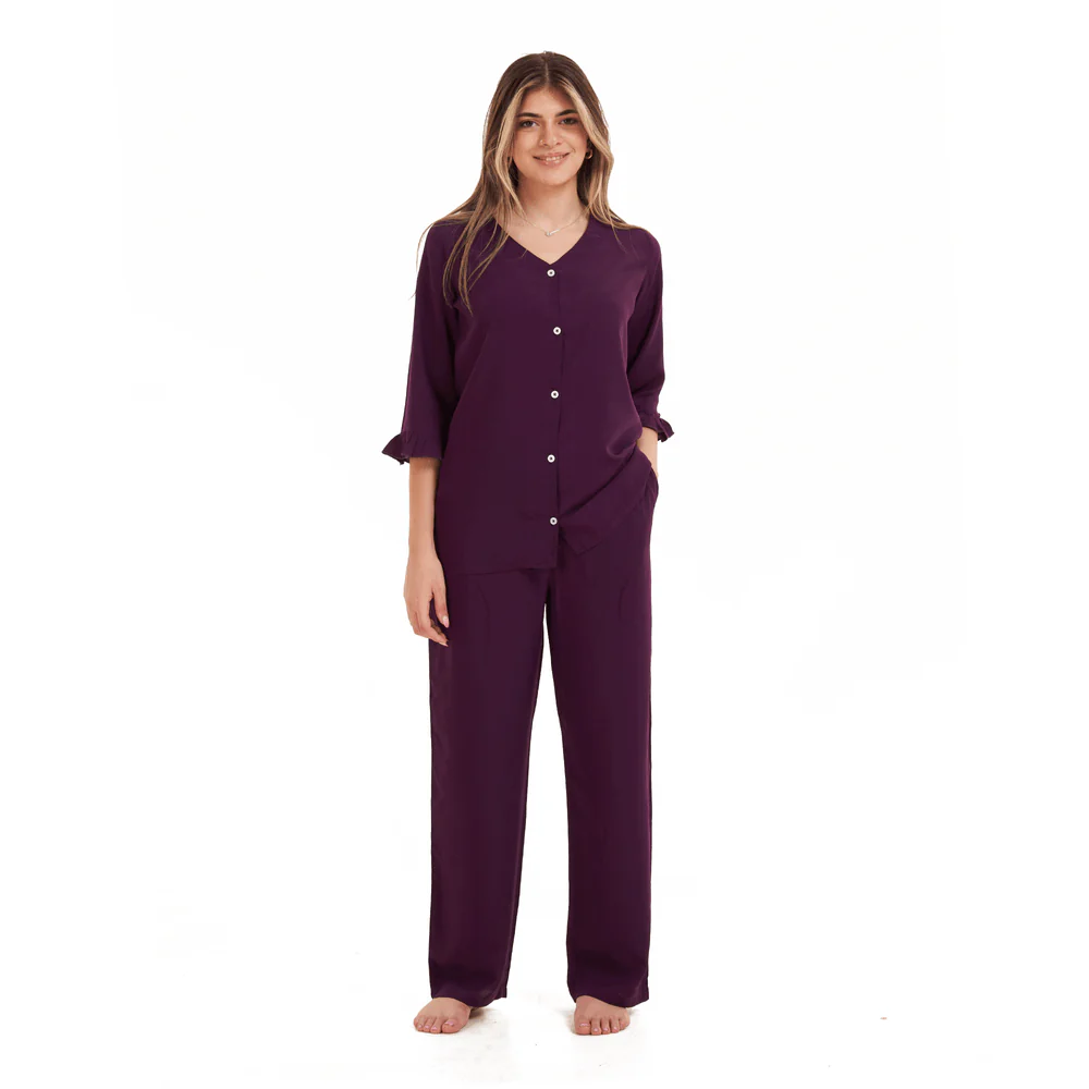 Women summer pajama set Purple Buttoned Shirt with Ruffled Sleeves shirt + Pants