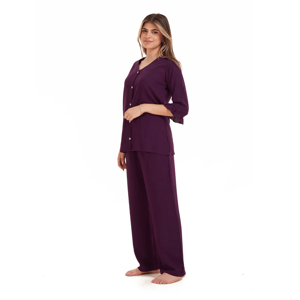 Women summer pajama set Purple Buttoned Shirt with Ruffled Sleeves shirt + Pants - Image 2